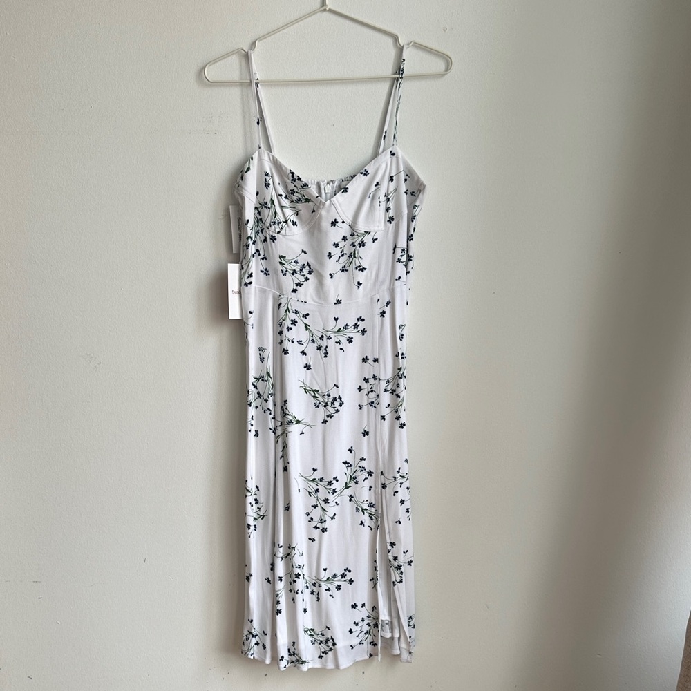 Sunday Best White Midi Slip Dress with Green Floral Print